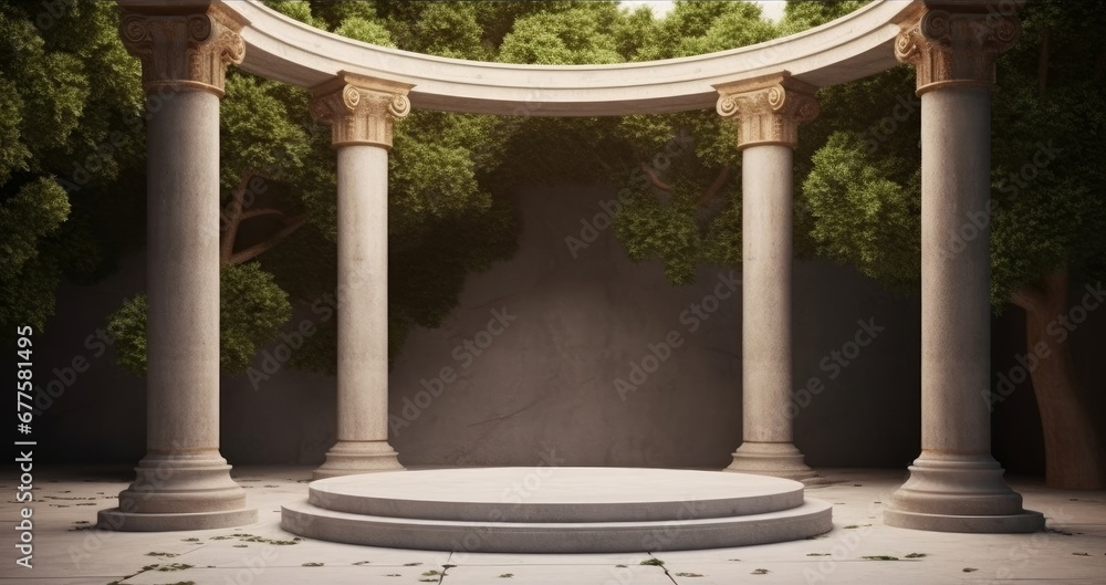 Naklejka premium Stone platform with Corinthian pillars and natural trees with shadow background. Historical and landmark object for advertising concept. 3D illustration, Generative AI