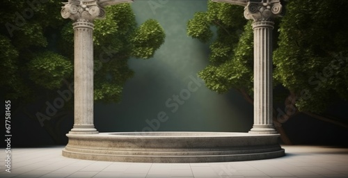 Stone platform with Corinthian pillars and natural trees with shadow background. Historical and landmark object for advertising concept. 3D illustration, Generative AI photo