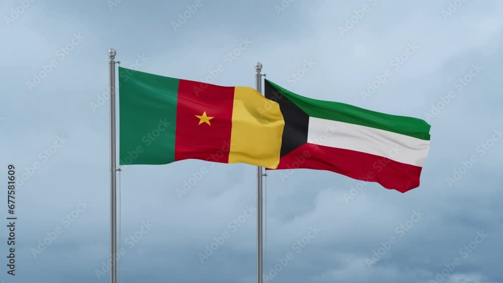 Kuwait and Cameroon flag waving together on cloudy sky, endless seamless loop, two country cooperation concept Kuwait and Cameroon flag waving together on cloudy sky, endless seamless loop, two country cooperation concept