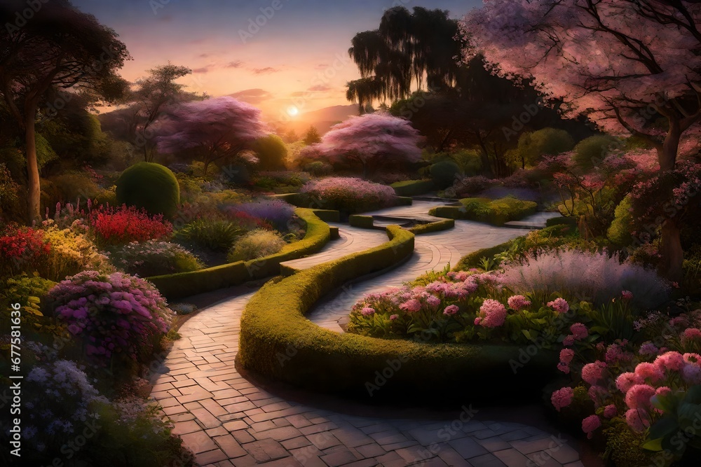 A tranquil garden with blooming flowers and winding pathways, embraced by the soothing hues of the evening sky