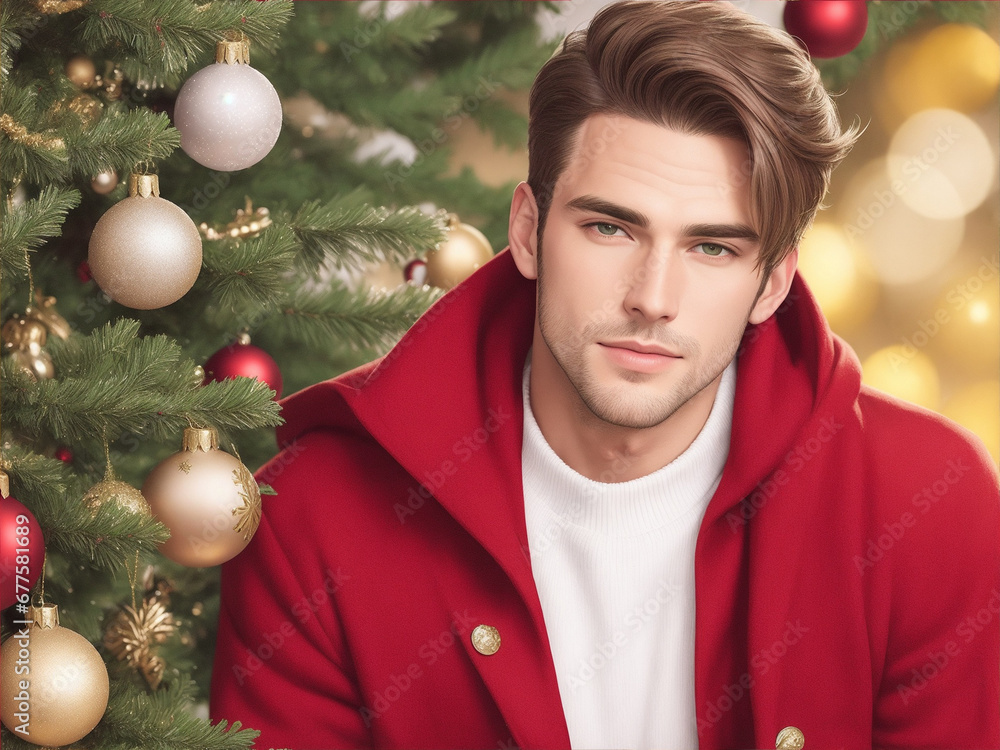 Young Handsome Man in a Festive Christmas Setting An appealing illustration capturing the holiday ambiance, showcasing a charming young man, generated by A Young Handsome Man in a Festive Christmas Setting An appealing illustration capturing the holiday ambiance, showcasing a charming young man, generated by A