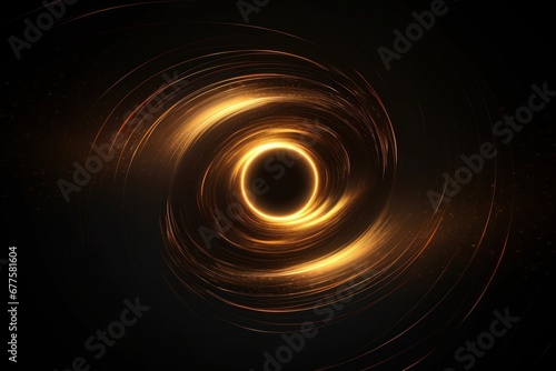 Abstract golden light circle lines effect on black background, Generative AI