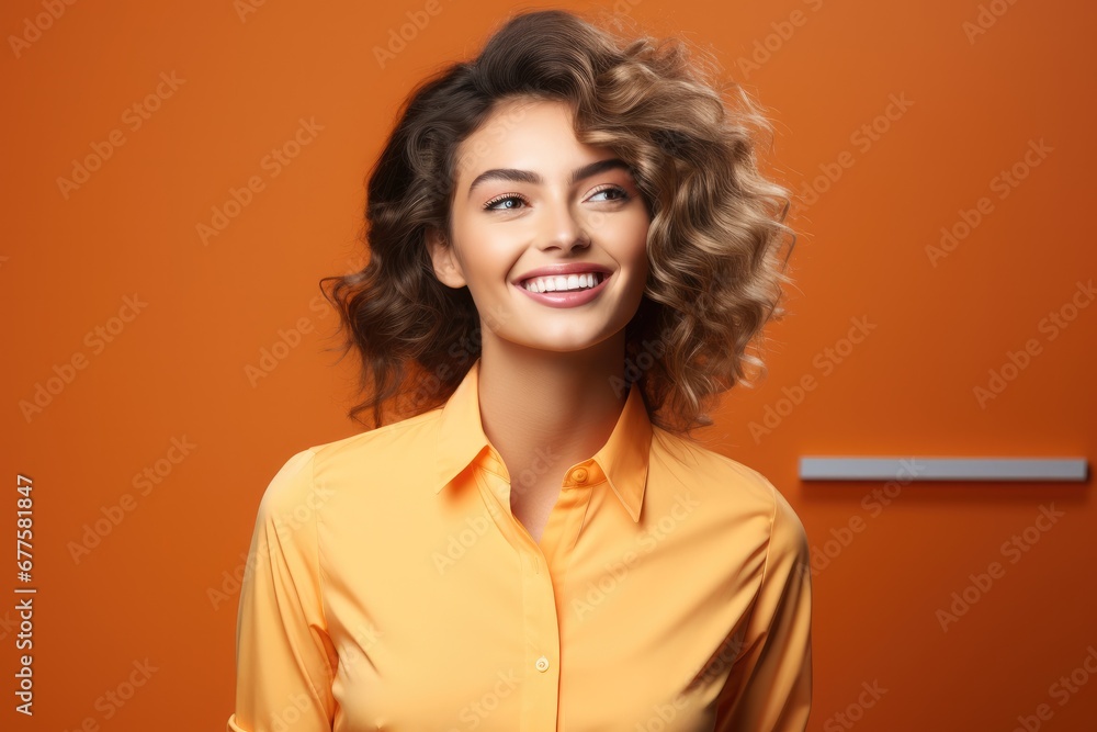 Portrait of a pleased woman against a light orange background. Portrait of a pleased woman against a light orange background.