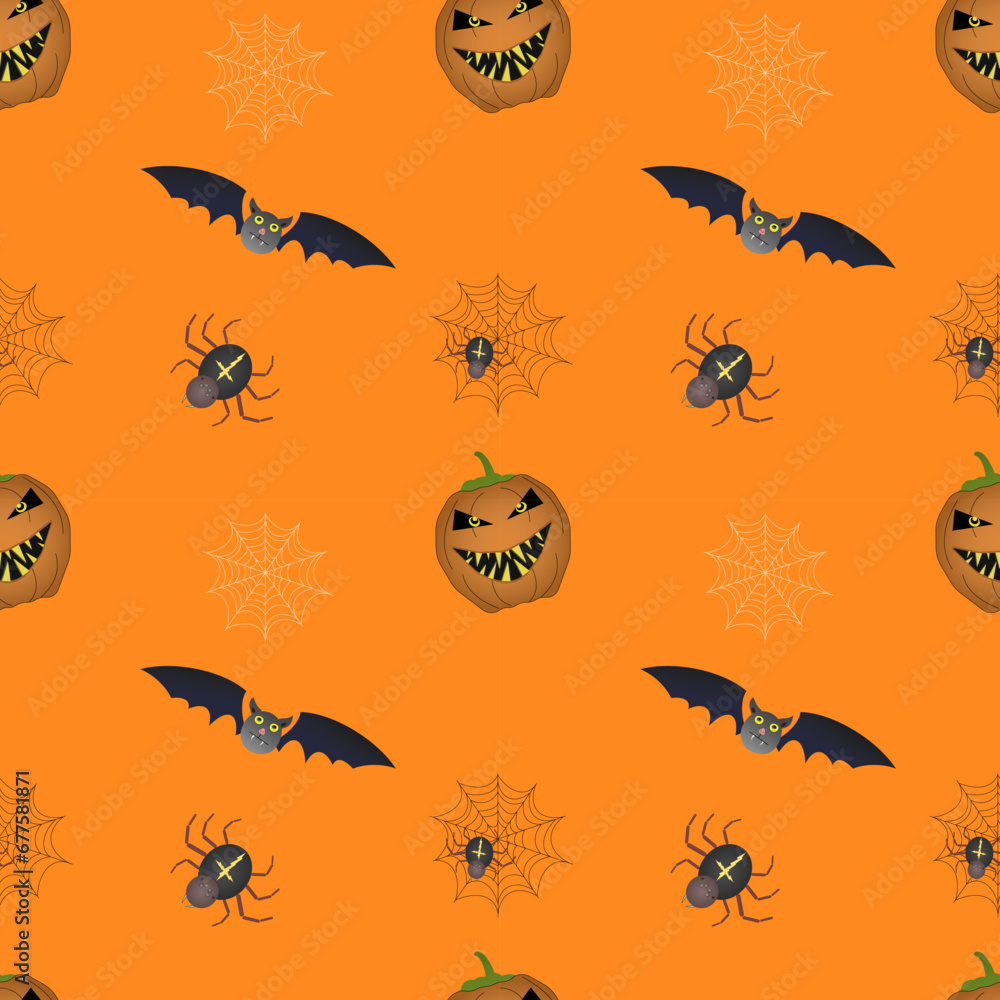 Pumpkins, cobwebs and spiders on an orange background, Halloween. Vector color pattern