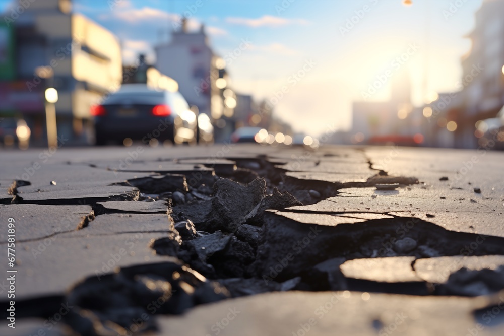 damaged asphalt street with potholes in the city - obrazy, fototapety, plakaty 