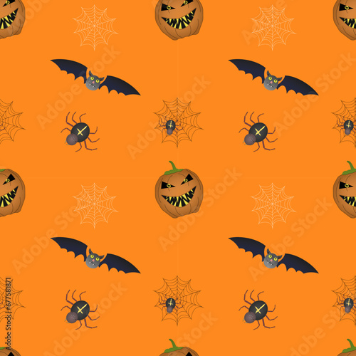 Pumpkins, cobwebs and spiders on an orange background, Halloween. Vector color pattern