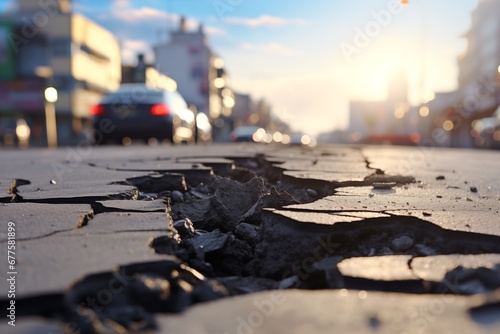 damaged asphalt street with potholes in the city photo