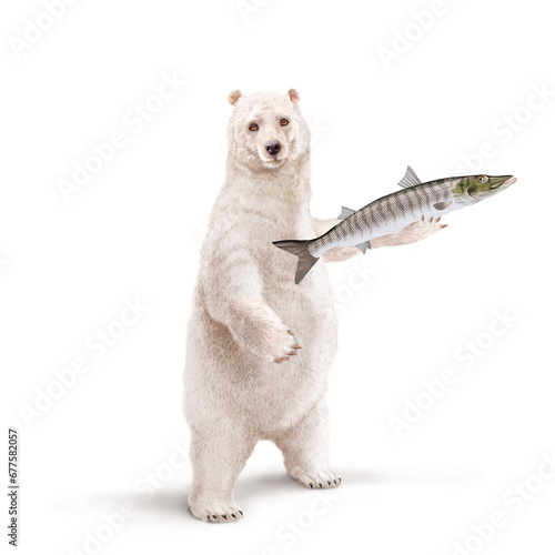 un ours polaire qui tiens un poisson barracuda dans la main