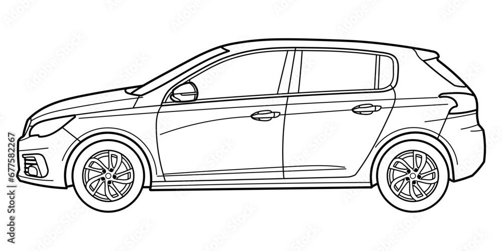 Outline drawing of a hatchback car from front 3d view. Classic style. Vector outline doodle illustration. Design for print or color book	
