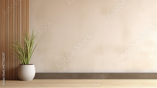 Interior background of room with wooden paneling and beige stucco wall with copy space, pot with grass 3d rendering, Generative AI