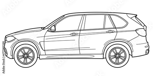 Classic luxury suv car. Crossover car front view shot. Outline doodle vector illustration. Design for print  coloring book