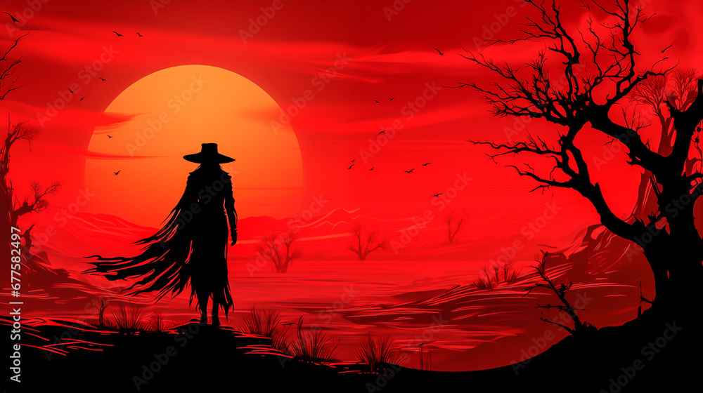 The Lady in red. Beautiful girl in witch style in gothic clothes. Night of the Witch or All Hallows' Eve. The Lady in red. Beautiful girl in witch style in gothic clothes. Night of the Witch or All Hallows' Eve.