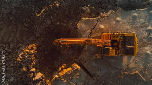 Aerial Drone Shot Directly Above Industrial Excavator Digging Up Rocks On Construction Site On Sunny Day. Workers Operating Heavy Machinery To Complete Real Estate Project Or Extract Natural Resources