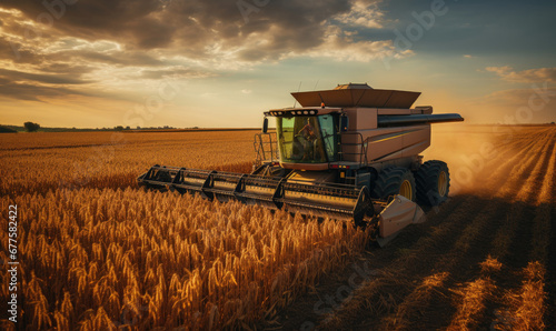 Combine harvester harvesting golden ripe wheat in field. Agriculture concept. Seasonal work of farming machine. Big modern industrial combine harvester reaping wheat grains. photo