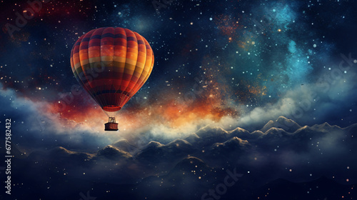 Hot air balloon against night sky. Mixed media