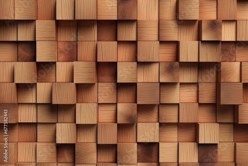 Natural wooden background. Wood blocks. Wall Paneling texture. Wooden squares, tile wallpaper. 3D Rendering, Generative AI photo