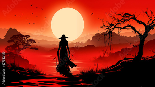 The Lady in red. Beautiful girl in witch style in gothic clothes. Night of the Witch or All Hallows' Eve. 