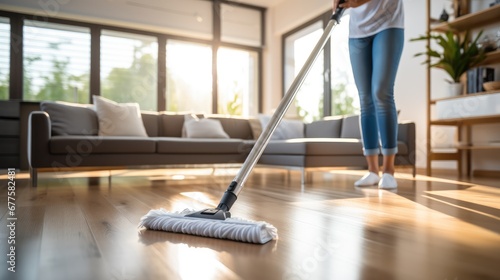 Close-up woman cleaning the flooring with a mop in bright white living room.