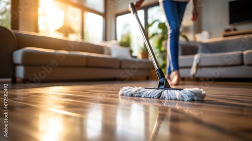 Close-up woman cleaning the flooring with a mop in bright white living room. photo