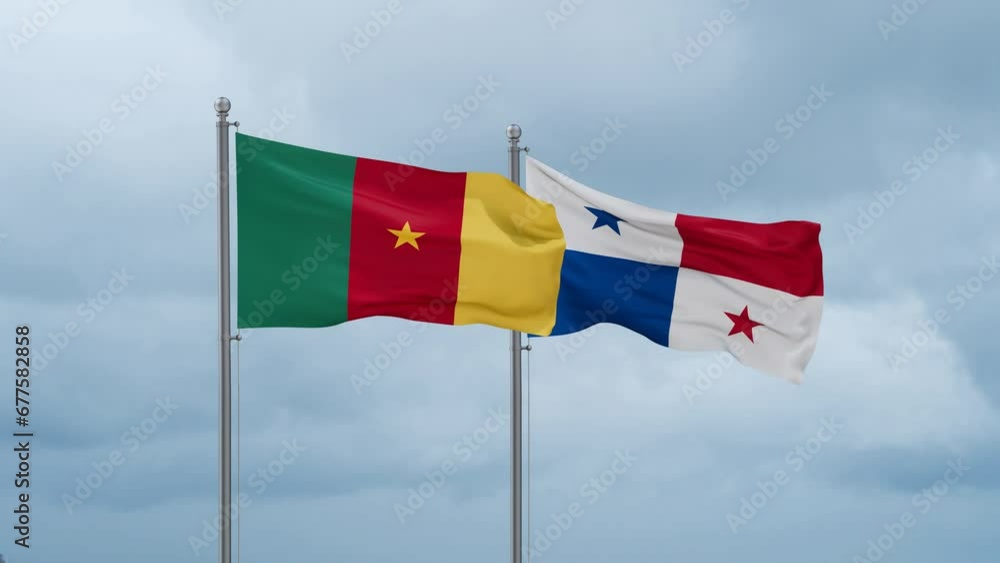 Panama flag and Cameroon flag waving together on cloudy sky, endless seamless loop, two country relations concept Panama flag and Cameroon flag waving together on cloudy sky, endless seamless loop, two country relations concept