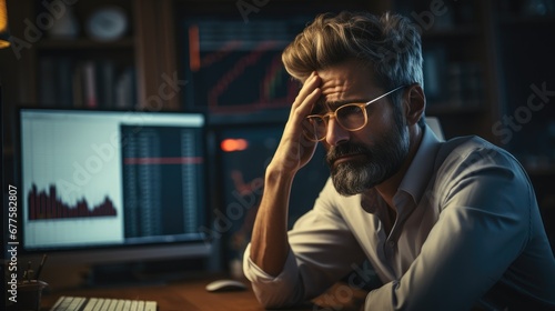 Stressed man in his home stock trading, Looking worried, Investing, Recession, Inflation.