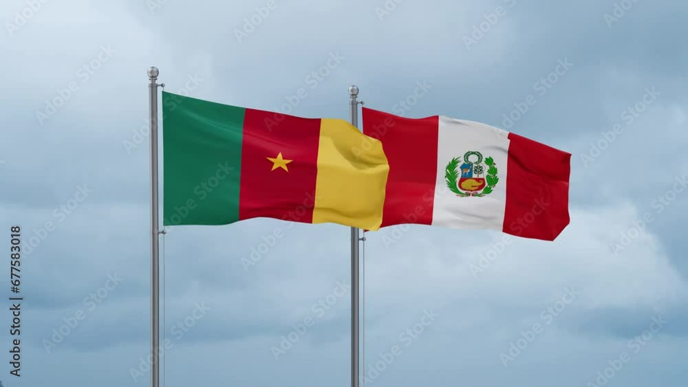 Peru and Cameroon flag waving together on cloudy sky, endless seamless loop, two country cooperation concept Peru and Cameroon flag waving together on cloudy sky, endless seamless loop, two country cooperation concept