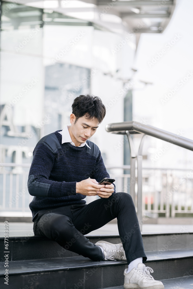 Businessman using mobile phone play social. Businessman using mobile phone play social.