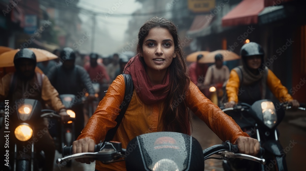 Hundreds of women on the street of India taking part in a motorcycle rally enjoying the ride in a rainy day. - obrazy, fototapety, plakaty 