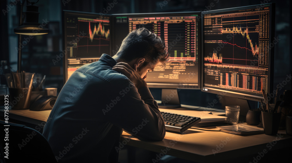 Stressed trader stock trader sitting in front of his screens on his desk, Depressed and frustrated in front of his screen with a losing stock chart. Stressed trader stock trader sitting in front of his screens on his desk, Depressed and frustrated in front of his screen with a losing stock chart.