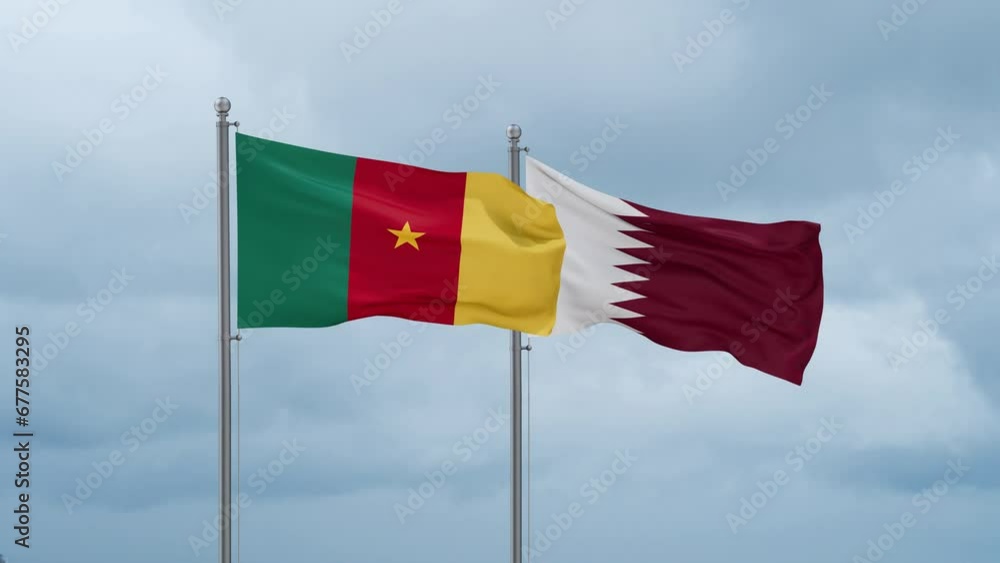 Qatar and Cameroon flag waving together on cloudy sky, endless seamless loop, two country cooperation concept Qatar and Cameroon flag waving together on cloudy sky, endless seamless loop, two country cooperation concept
