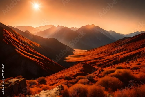 A mountain range painted with the warm colors of dawn, the sun's rays adding depth to the layers.