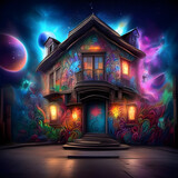 A Majestic Mural Fantasy Graffiti Graphic House in the style of a Famous Street Artist Designer with realistic glittery fantasy paint