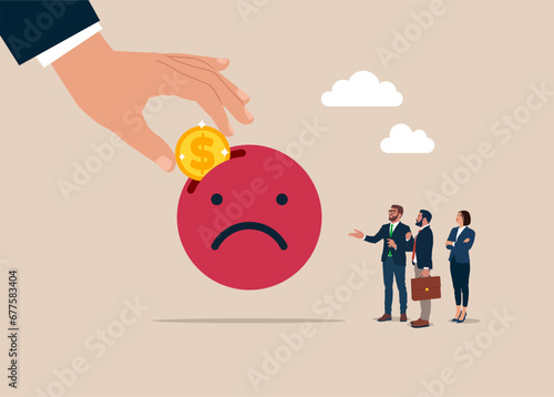 Businessman hand put coin on wicked emoji. Negative reviews, bad reputation, low ratings. Flat vector illustration