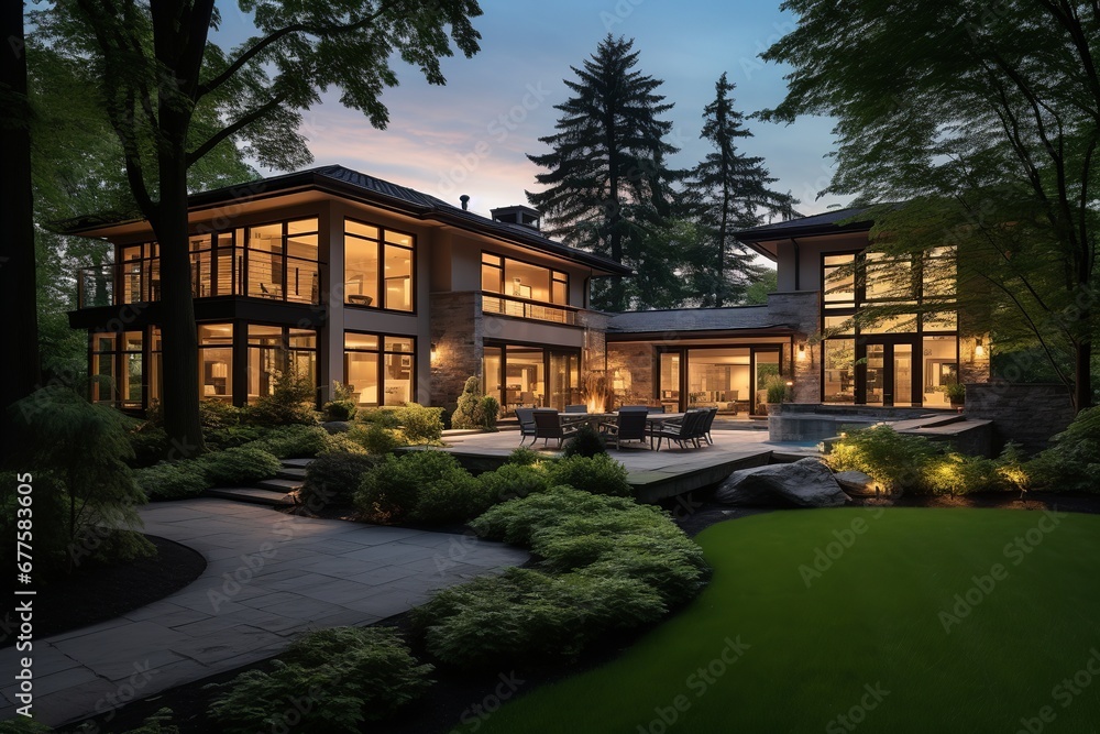 Modern Luxury Home with Expansive Windows in Verdant Oasis at Dusk Modern Luxury Home with Expansive Windows in Verdant Oasis at Dusk