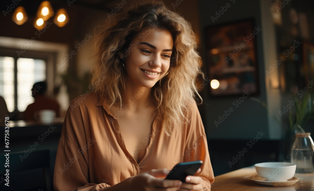 Young happy smiling pretty woman sitting at table holding smartphone using cellphone modern technology, Looking at mobile phone while remote working or learning, Texting messages at home. Young happy smiling pretty woman sitting at table holding smartphone using cellphone modern technology, Looking at mobile phone while remote working or learning, Texting messages at home.