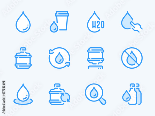 Water Drop and Liquid vector line icons. Droplet and Aqua outline icon set. Bottle, Dispenser, Drink, H2O, Purification, Cooler and more.