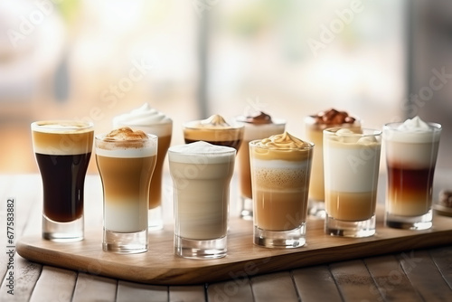 Close up multiple cups of coffee with variety of coffee drinks on wooden table in background of modern cafe. Lifestyle concept of rest and holidays.