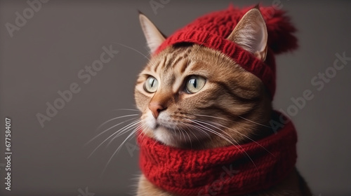 A cat in a red scarf and hat. AI Generated