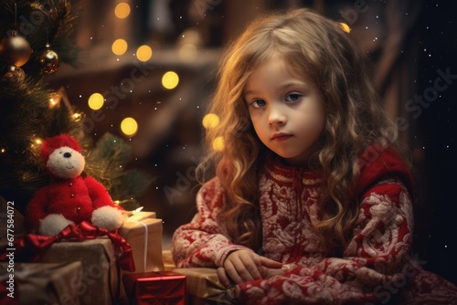 Long-haired little girl with christmas gift near the fir tree on bokeh background.