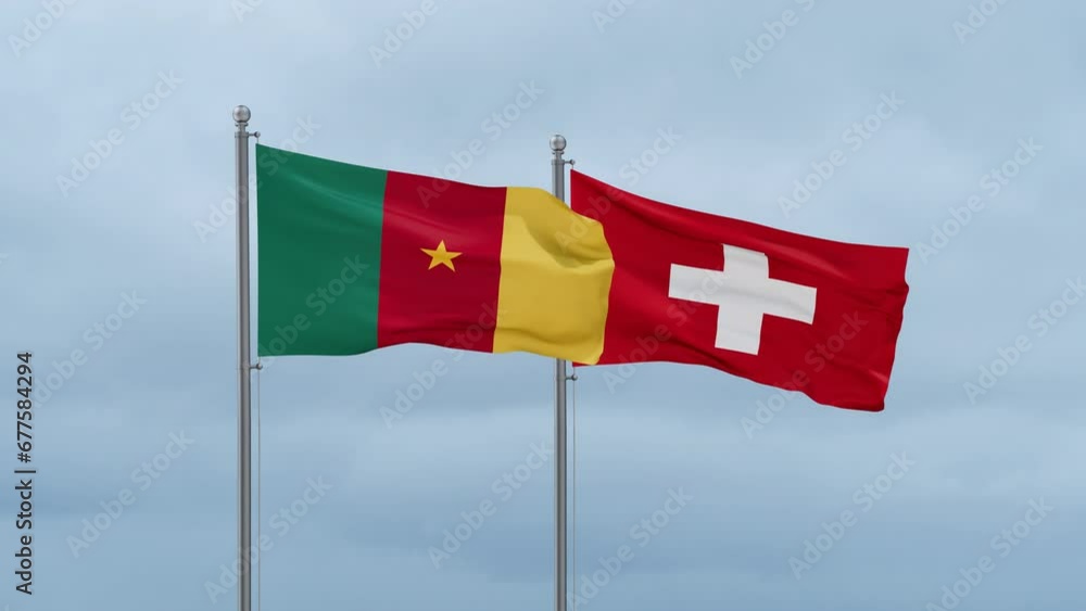 Switzerland and Cameroon flag waving together on cloudy sky, endless seamless loop, two country cooperation concept Switzerland and Cameroon flag waving together on cloudy sky, endless seamless loop, two country cooperation concept