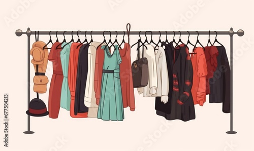 Fashion apparel. Hangers female clothes, clothing storage, boutique assortment rail, garment holder. cartoon set, Generative AI