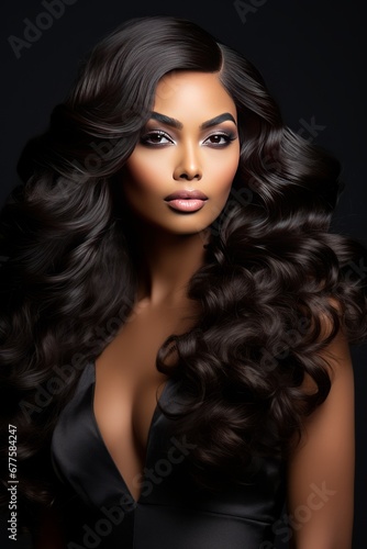 African American beautiful woman with curly long hair and luxury make up