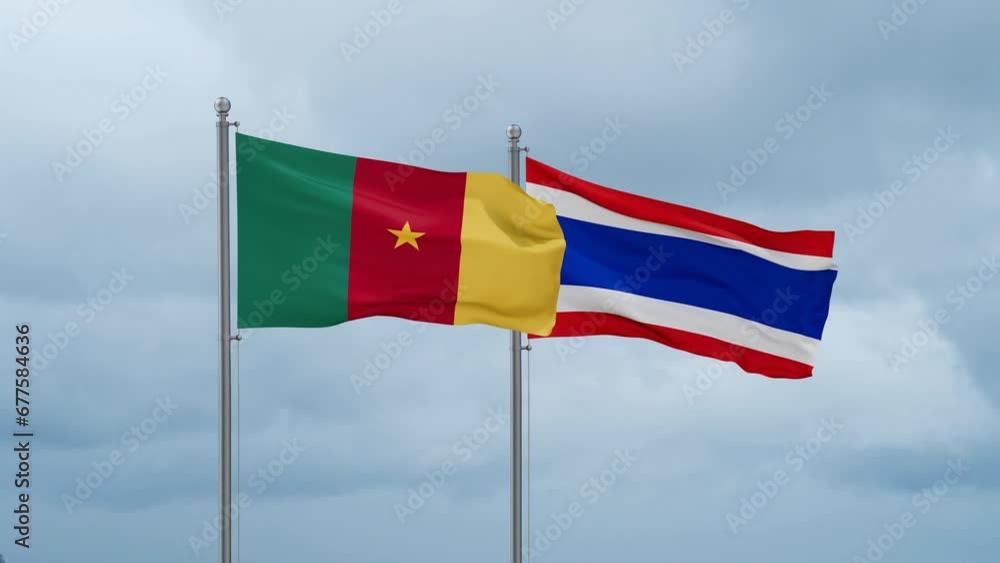 Kingdom of Thailand and Cameroon flag waving together on cloudy sky, endless seamless loop, two country cooperation concept Kingdom of Thailand and Cameroon flag waving together on cloudy sky, endless seamless loop, two country cooperation concept
