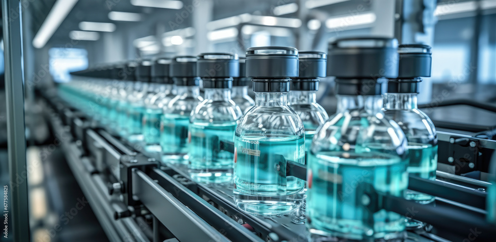 Many bottles are filled through a machine at factory.