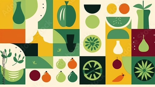 Food geometric mosaic background. Natural organic fruit vegetable pattern simple swiss bauhaus style. illustration, Generative AI