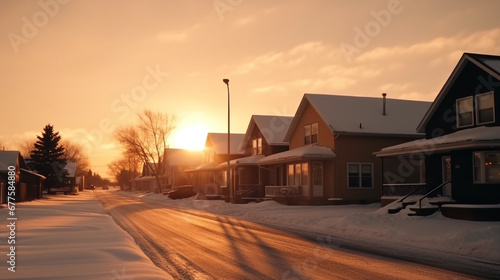 A winter street with uniform, neat houses at sunset. AI Generated