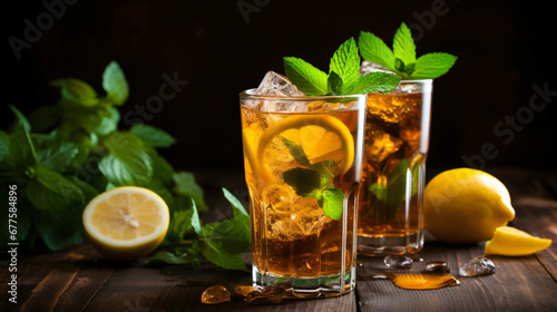 Iced tea with lemon and mint on a dark wooden background