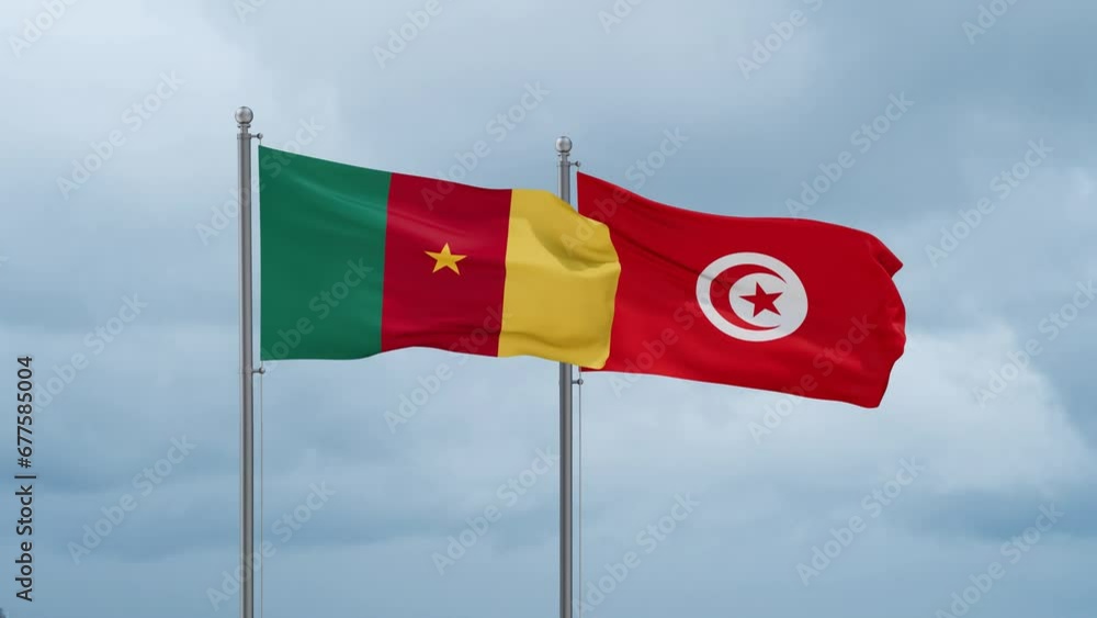 Tunisia and Cameroon flag waving together on cloudy sky, endless seamless loop, two country cooperation concept Tunisia and Cameroon flag waving together on cloudy sky, endless seamless loop, two country cooperation concept