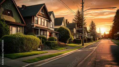 A street of identical houses at sunset. AI Generated ©  iiulia