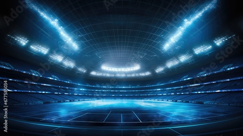 A soccer stadium made with blue lights.